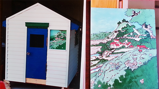 My mom painted the country scene on the front window of the playhouse my parents built me.
